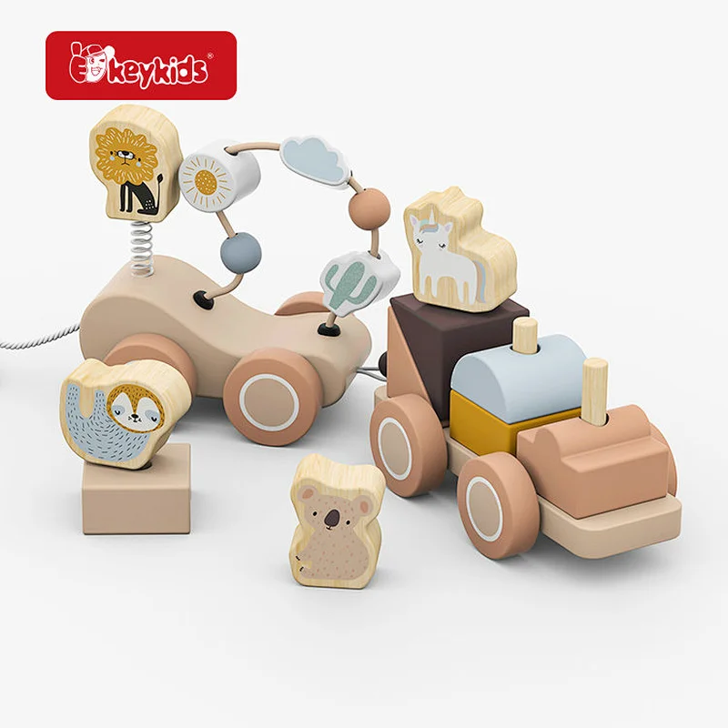 Wooden Pull-Along Train Toy Set - Includes Animal Blocks (Lion, Sloth, Koala, Unicorn) & Interactive Activity Elements W05C166